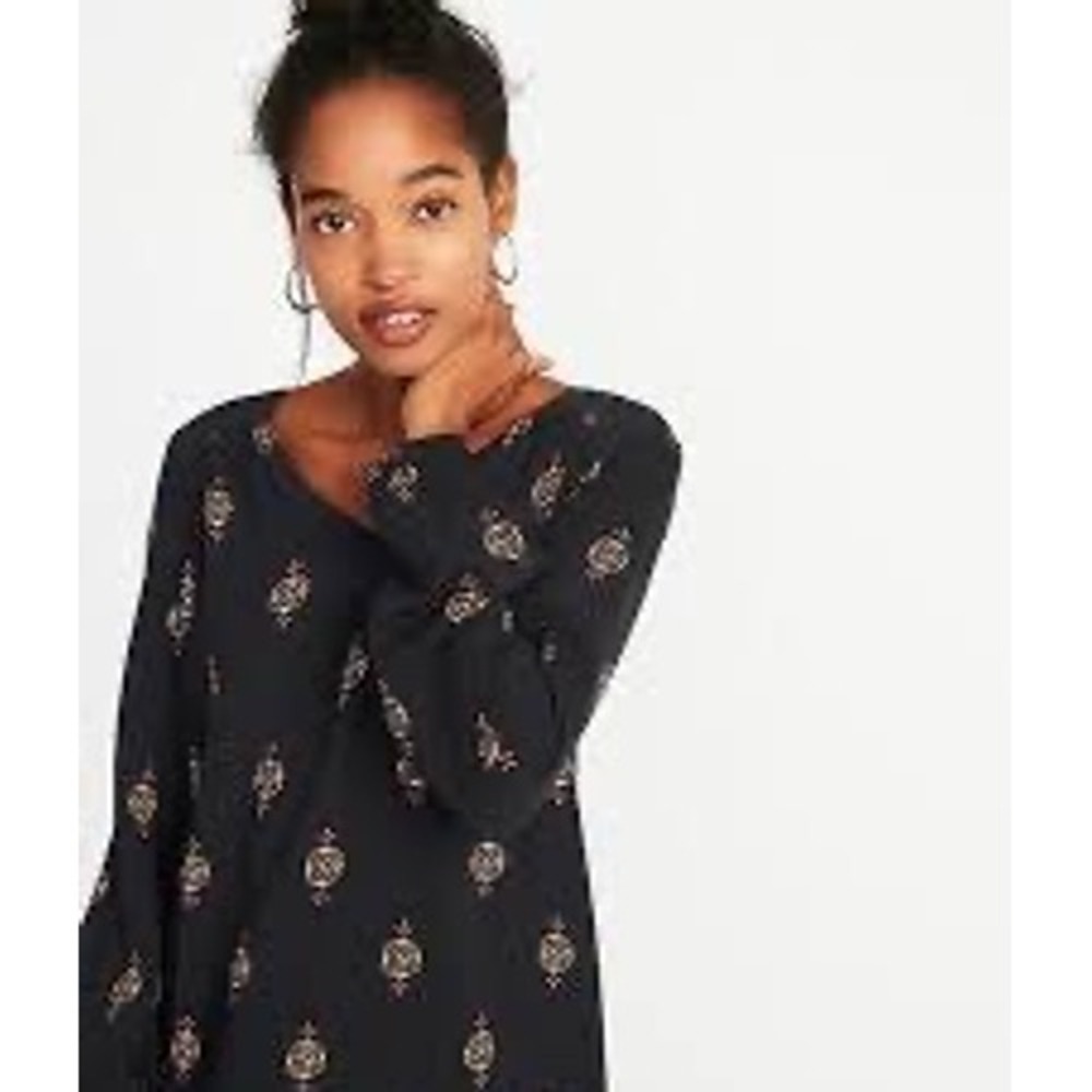 Old Navy Womens XS Black Pink Geometric Medallion V-Neck Shift Dress Long Slv